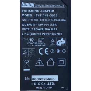 ADAPTADOR SUNNY VCA / NUMERO DE PARTE SYS1148-3012 / MODELO SYS1148-3012 / ENTRADA VCA 100-240V~50-60Hz 1A / SALIDA VCD 12V-2.5A 	